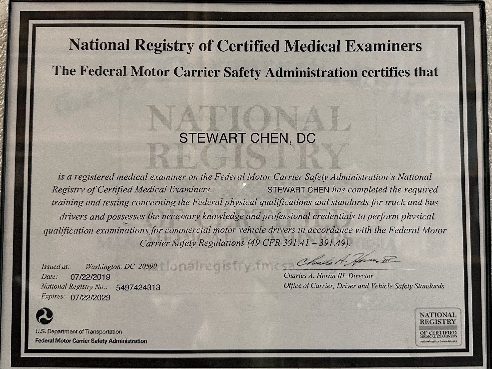 FMCSA National Registry of Certified Medical Examiners certificate, number 5497424313